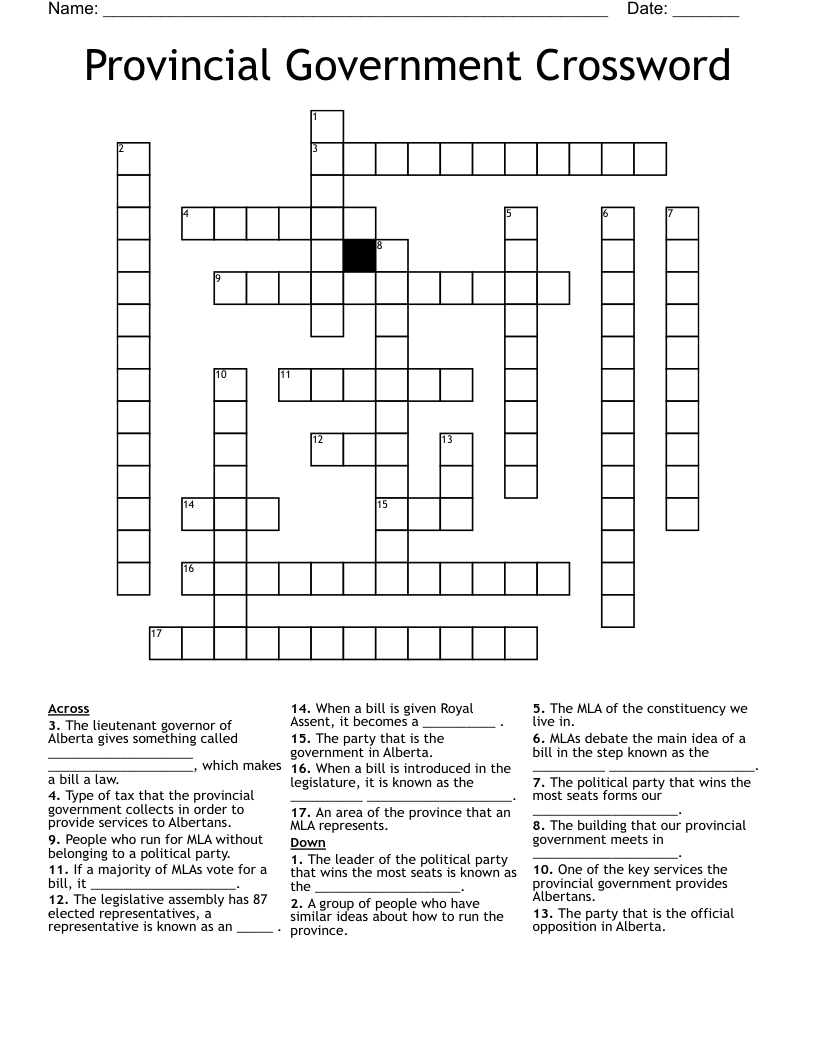 Provincial Government Crossword