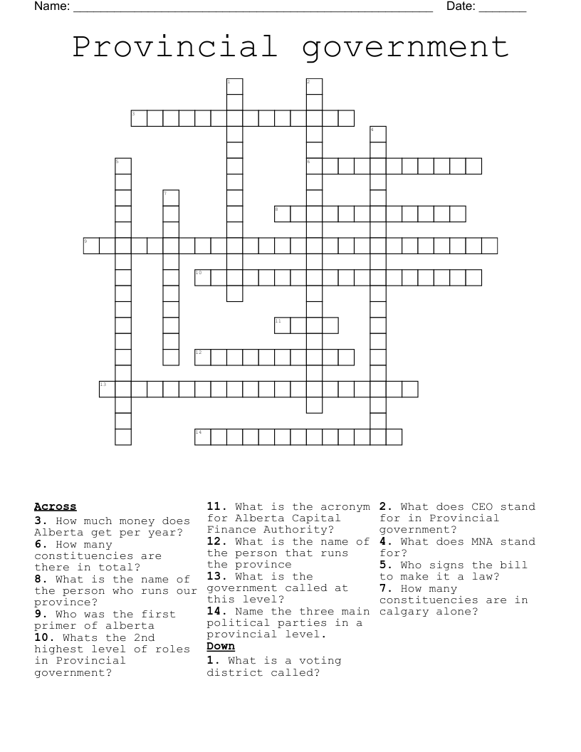Provincial government  Crossword