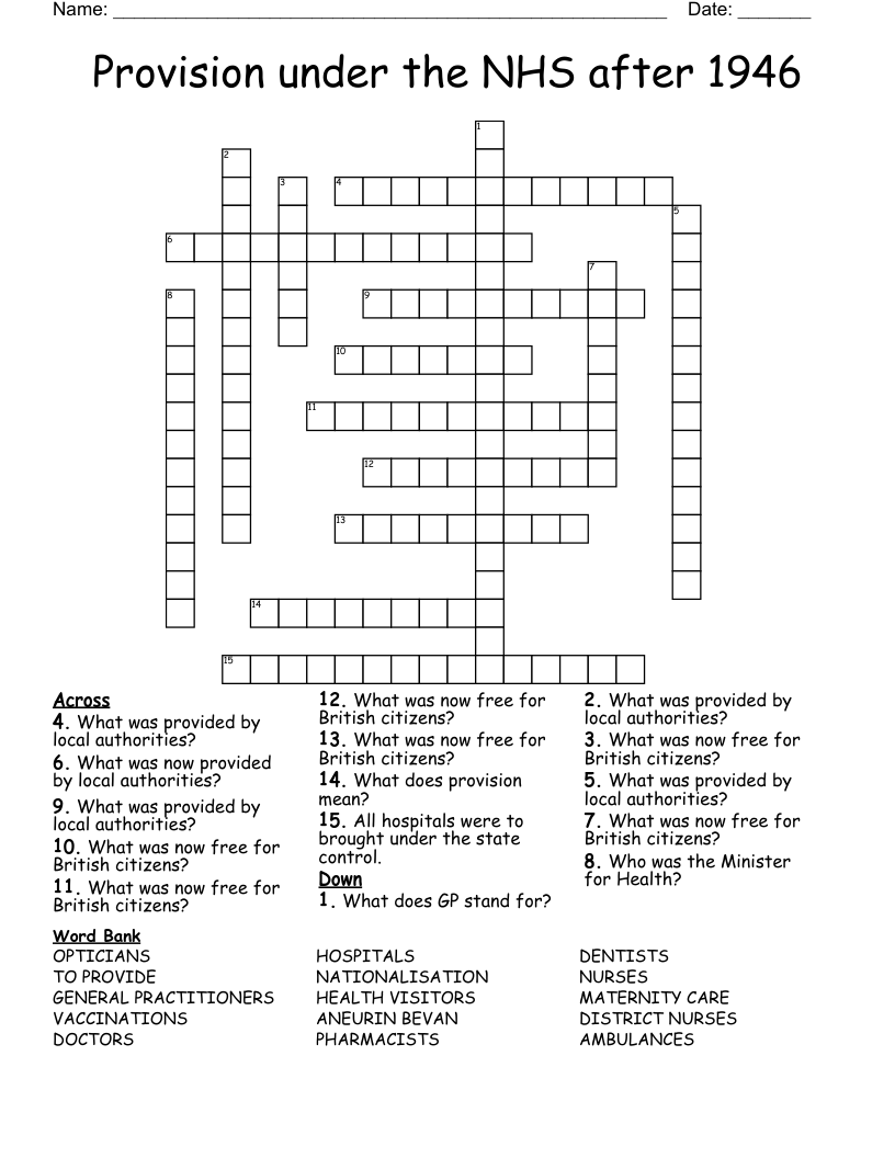 Provision under the NHS after 1946 Crossword