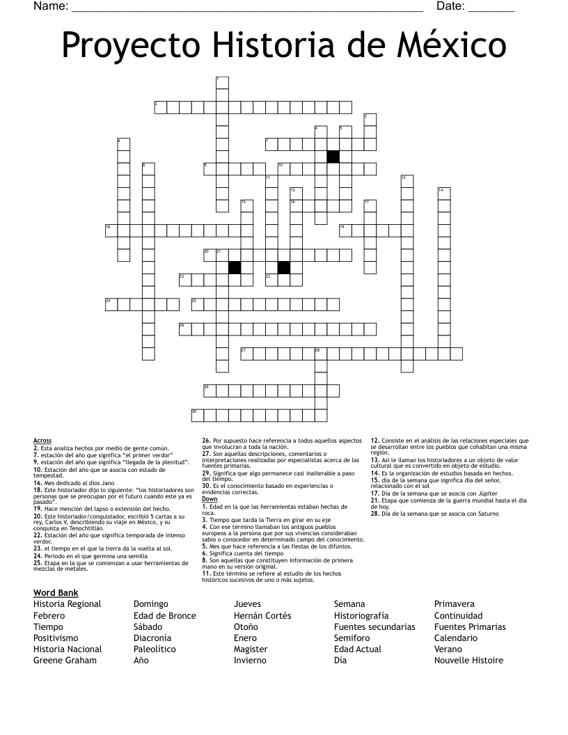 Proyecto Historia de México Crossword