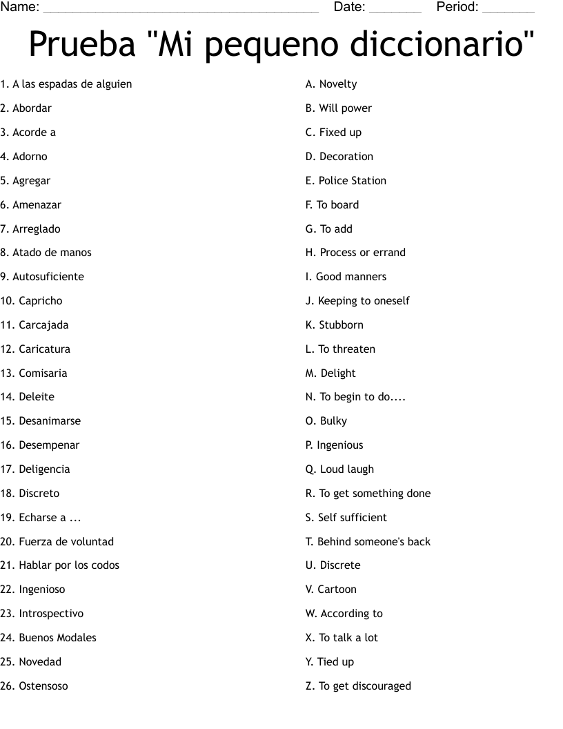 Prueba "Mi pequeno diccionario" Worksheet
