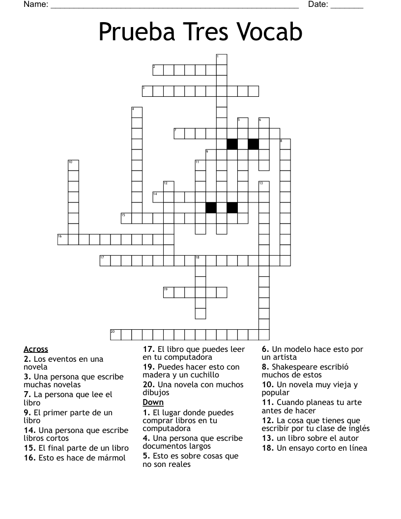 Prueba Tres Vocab Crossword