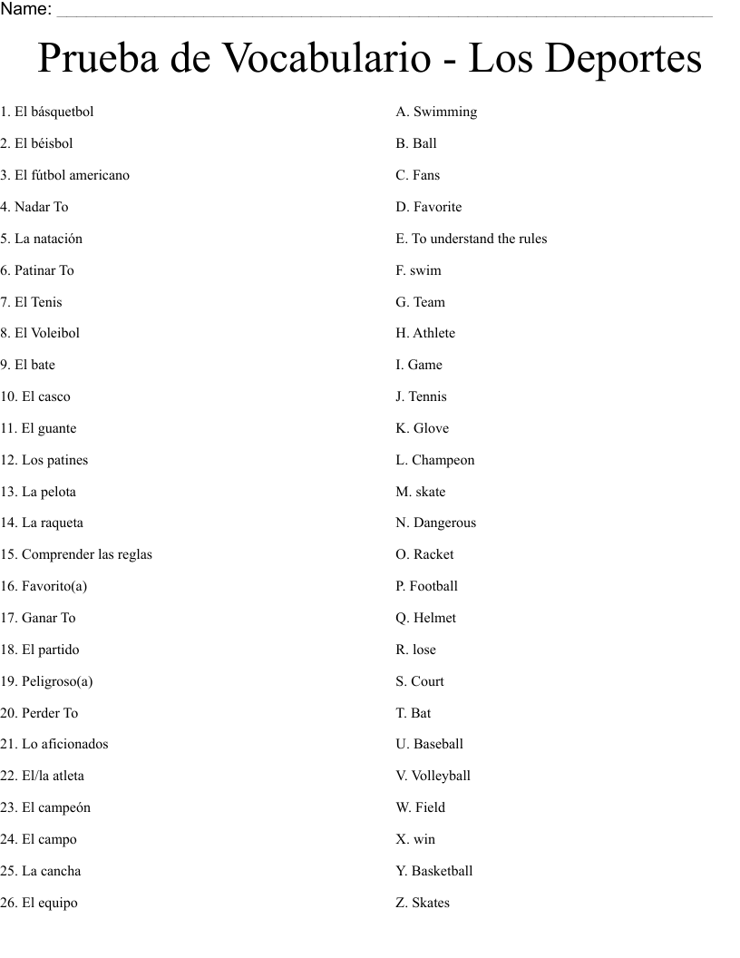 Prueba de Vocabulario - Los Deportes Worksheet