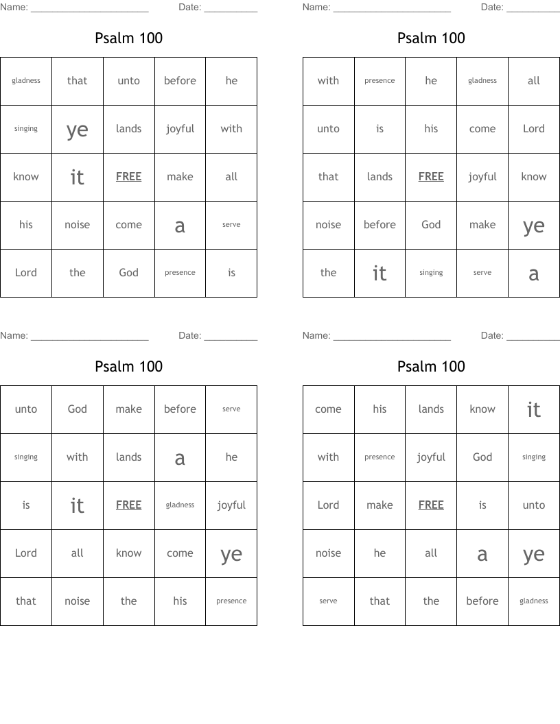 Psalm 100 Bingo Cards