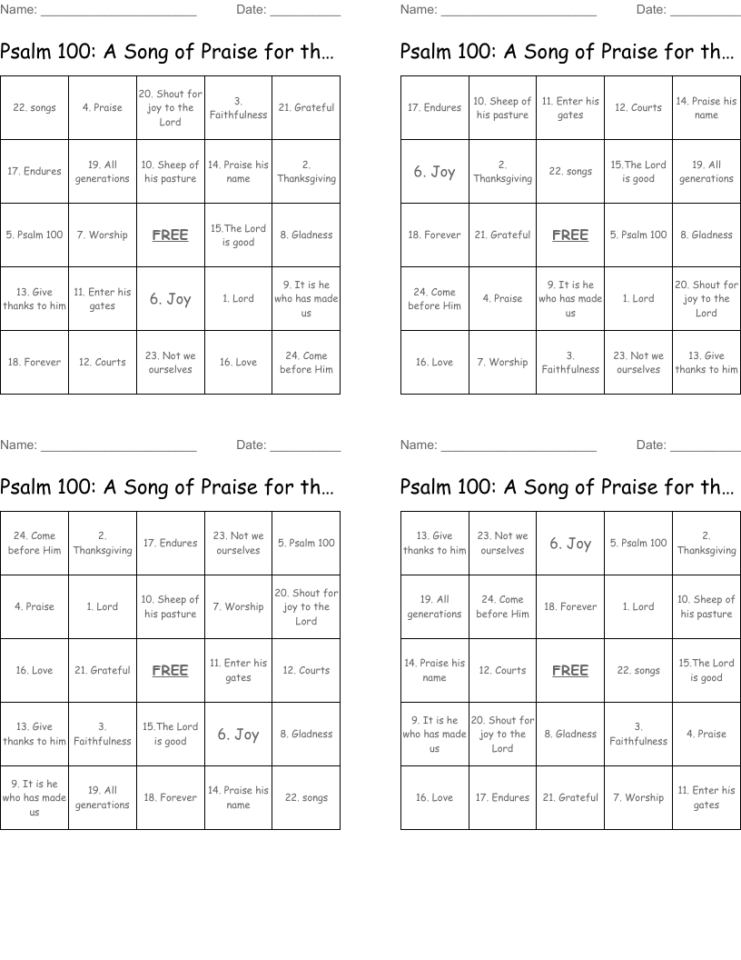 Psalm 100: A Song of Praise for the Lord's Faithfulness to His People Bingo Cards