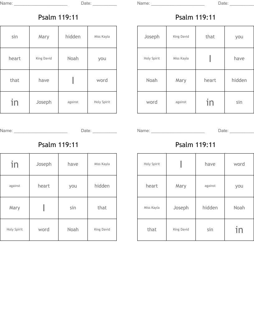 Psalm 119:11 Bingo Cards