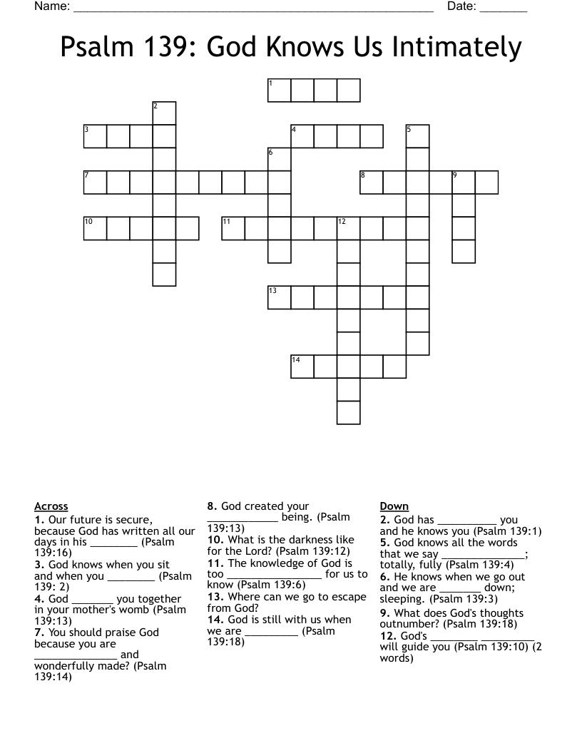 Psalm 139: God Knows Us Intimately Crossword