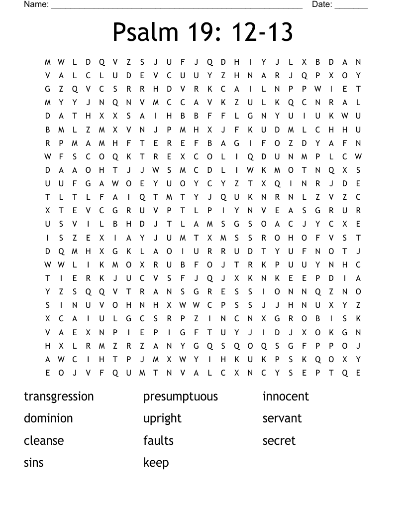 Psalm 19: 12-13 Word Search