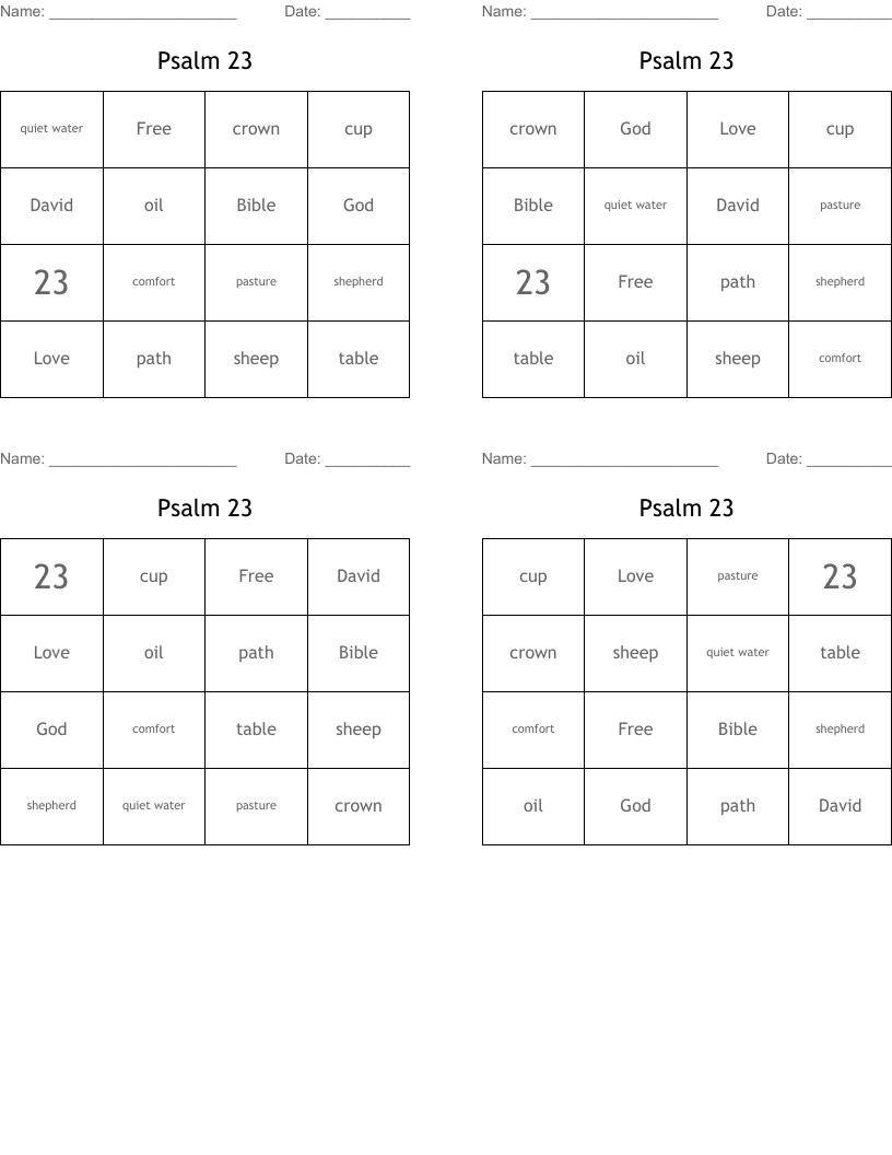 Psalm 23 Bingo Cards