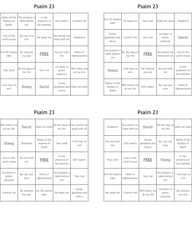 Psalm 23 Bingo Cards