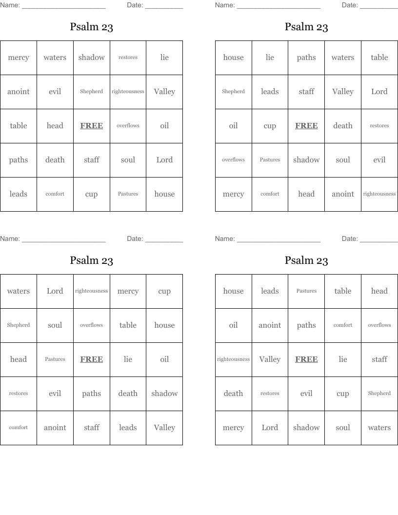 Psalm 23 Bingo Cards