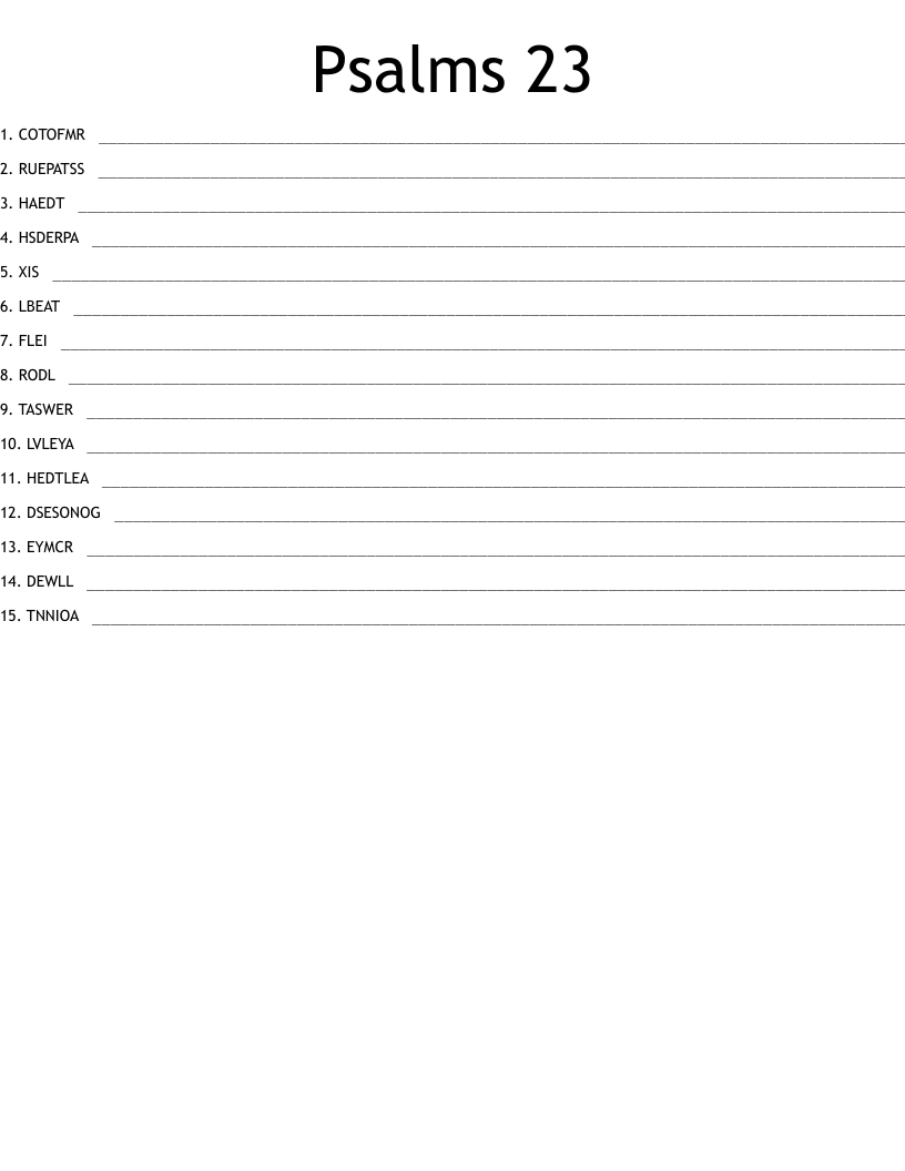 Psalms 23 Word Scramble