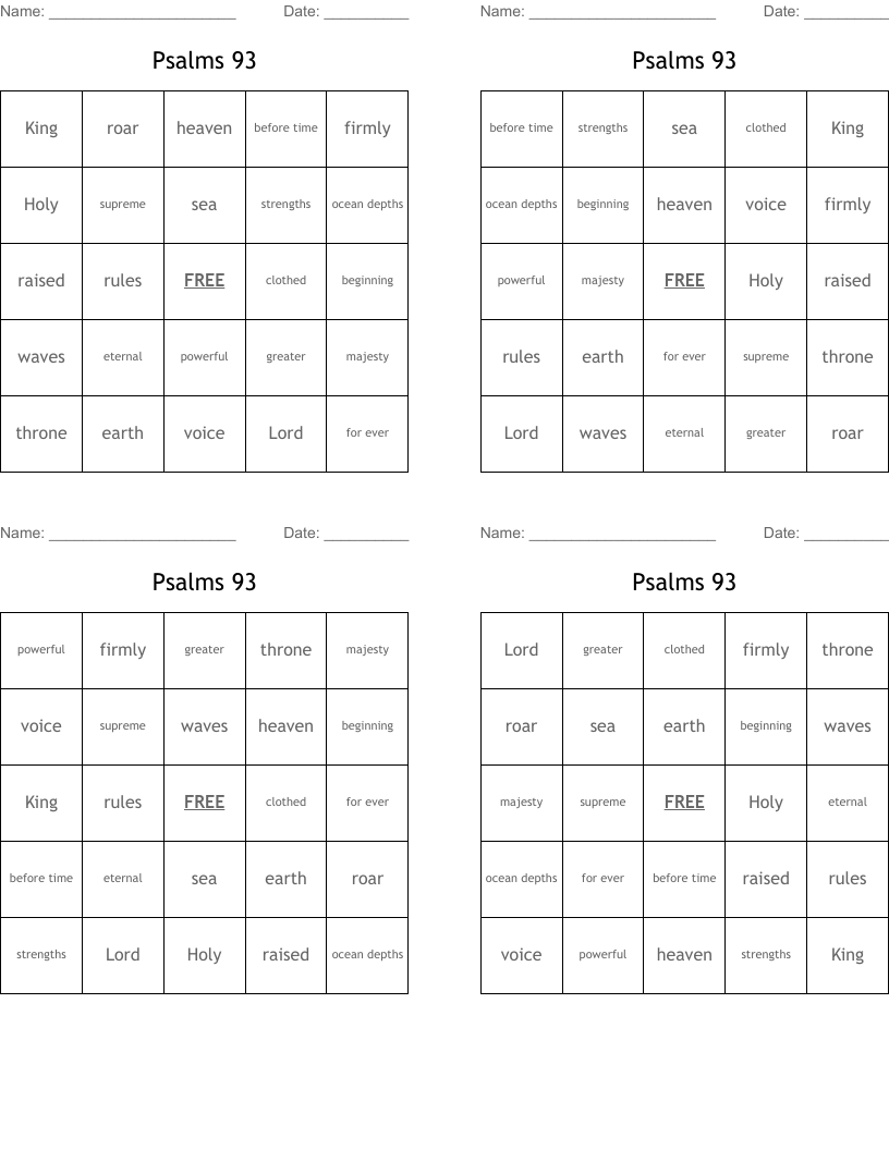 Psalms 93 Bingo Cards