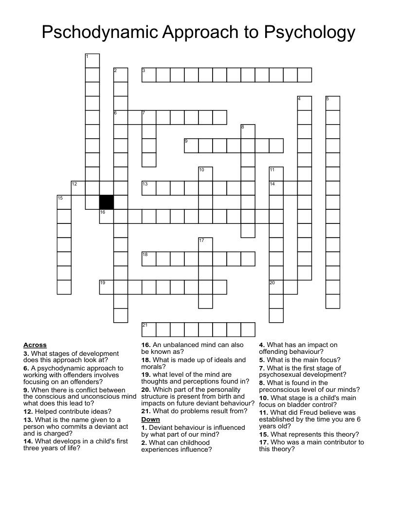 Pschodynamic Approach to Psychology Crossword