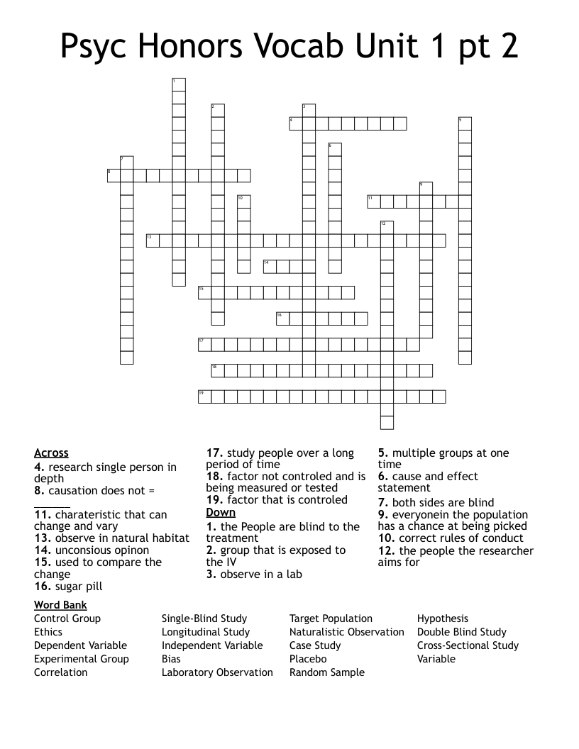 Psyc Honors Vocab Unit 1 pt 2 Crossword