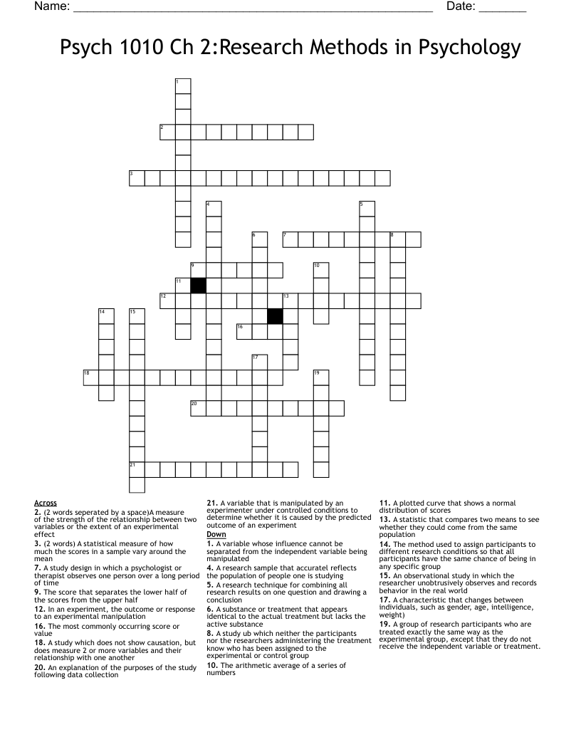 Psych 1010 Ch 2:Research Methods in Psychology Crossword