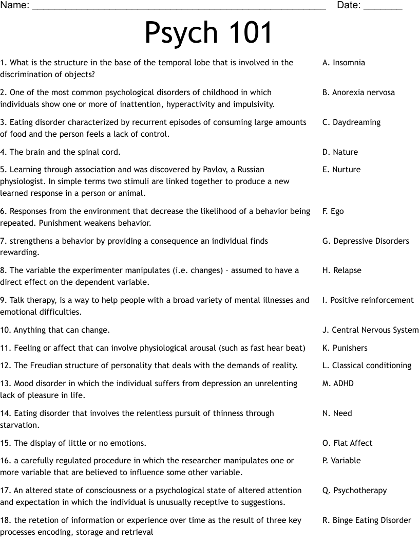 Psych 101 Worksheet