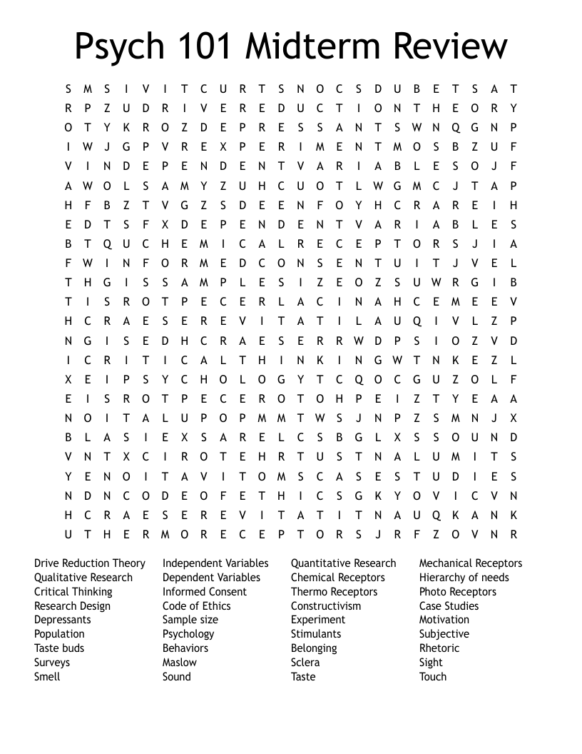 Psych 101 Midterm Review Word Search