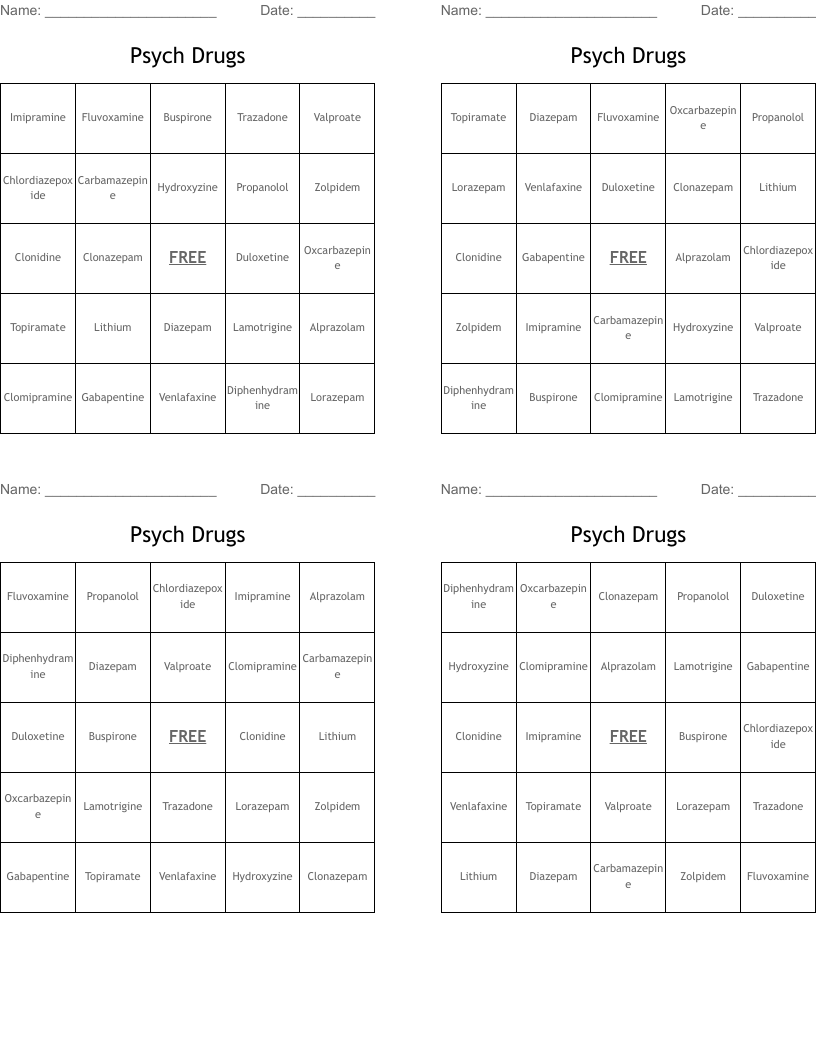Psych Drugs  Bingo Cards