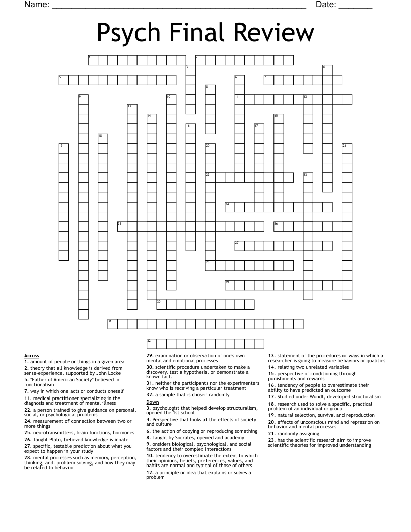 Psych Final Review Crossword