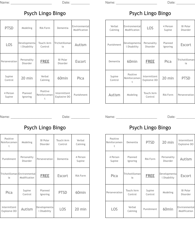 Psych Lingo Bingo