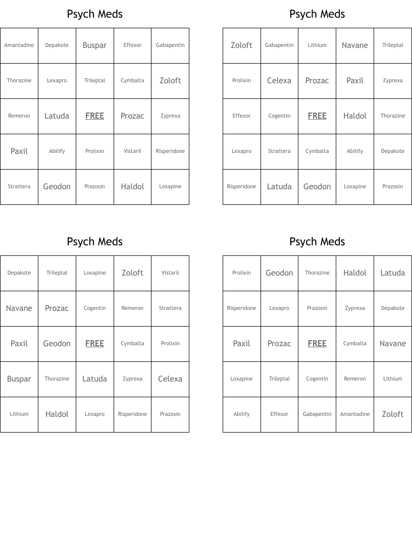 Psych Meds Bingo Cards