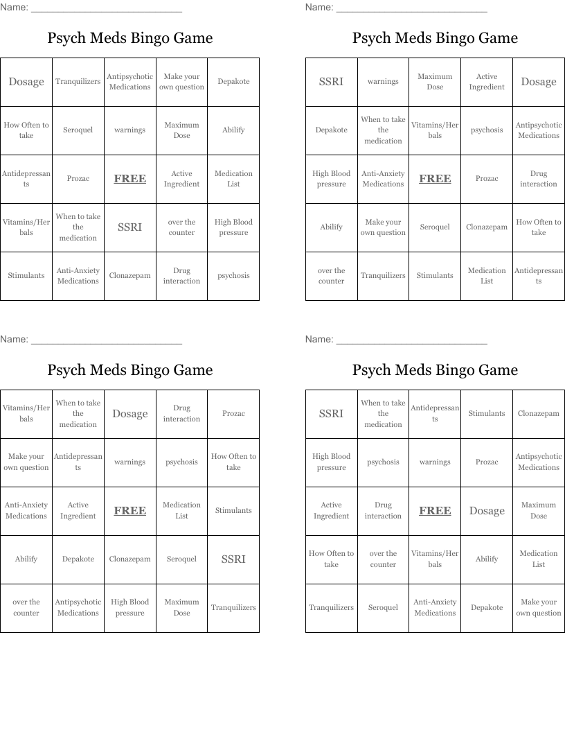 Psych Meds Bingo Game