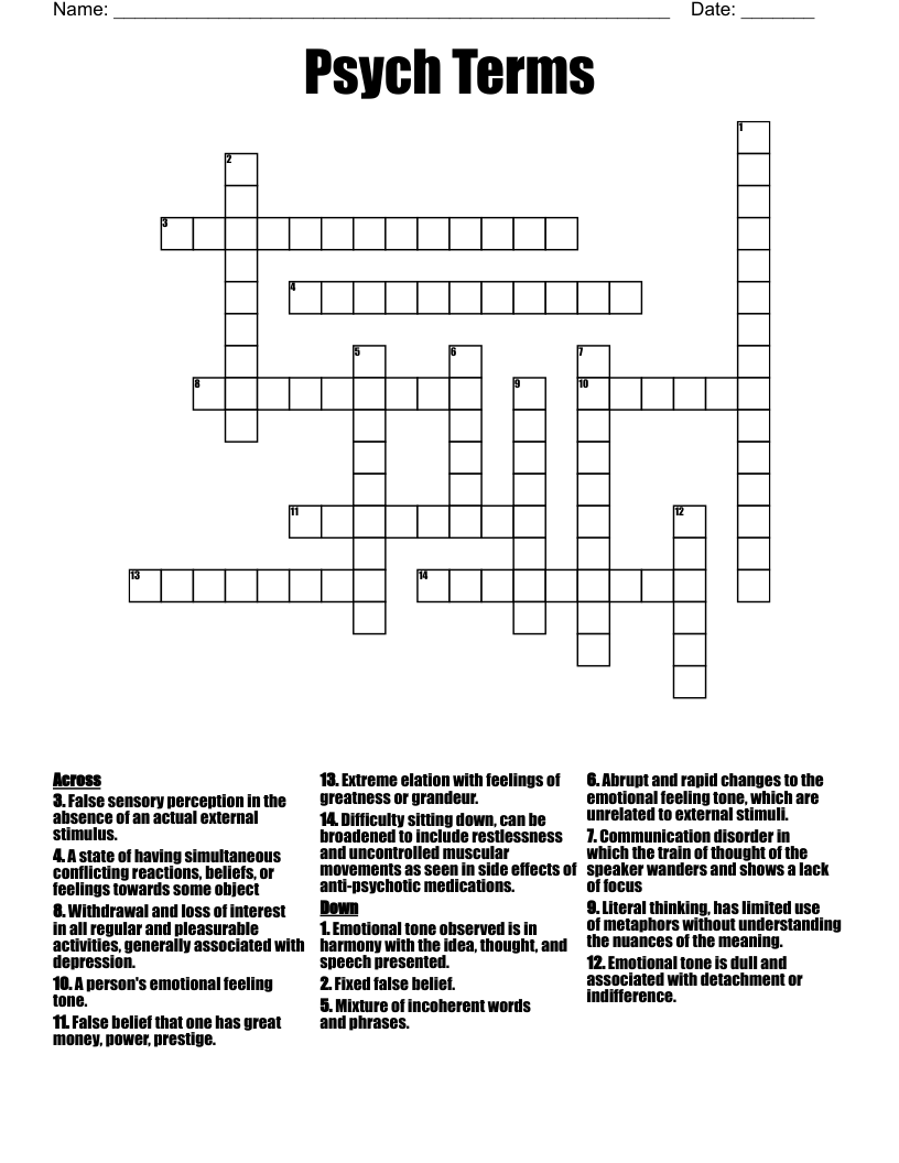 Psych Terms  Crossword