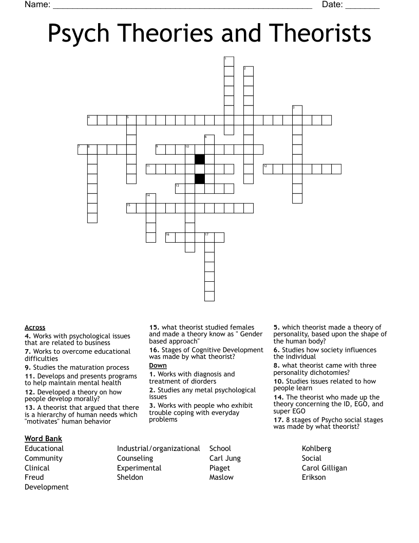 Psych Theories and Theorists  Crossword