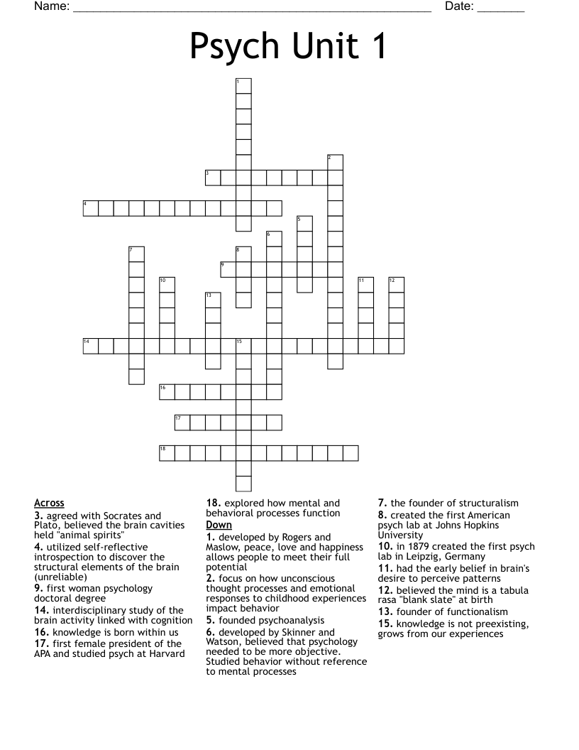 Psych Unit 1 Crossword
