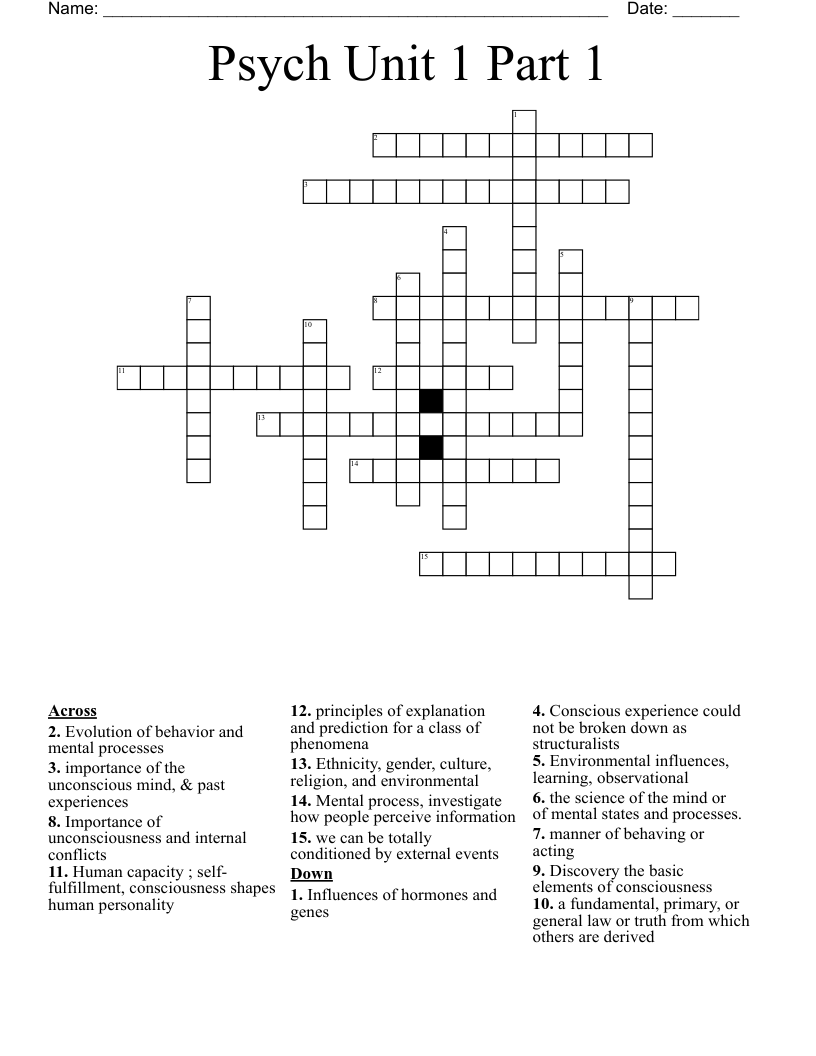 Psych Unit 1 Part 1 Crossword