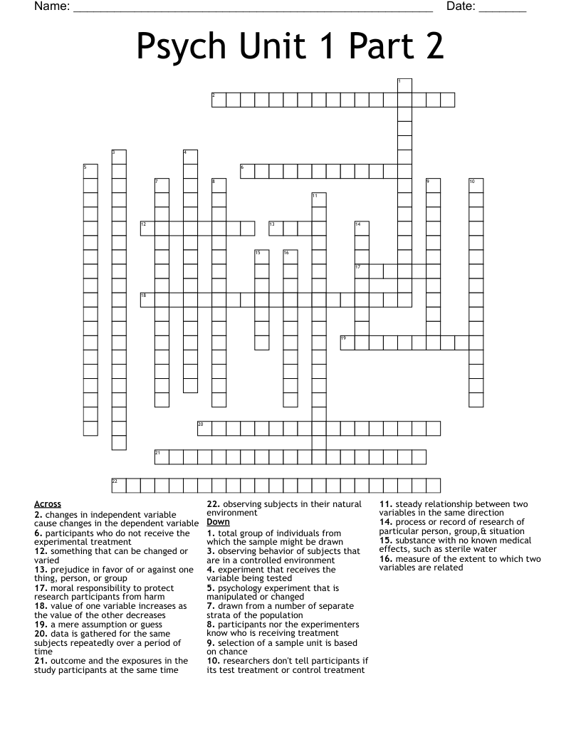 Psych Unit 1 Part 2 Crossword