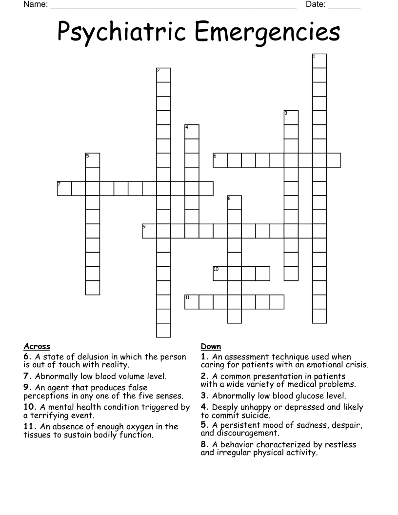 Psychiatric Emergencies Crossword
