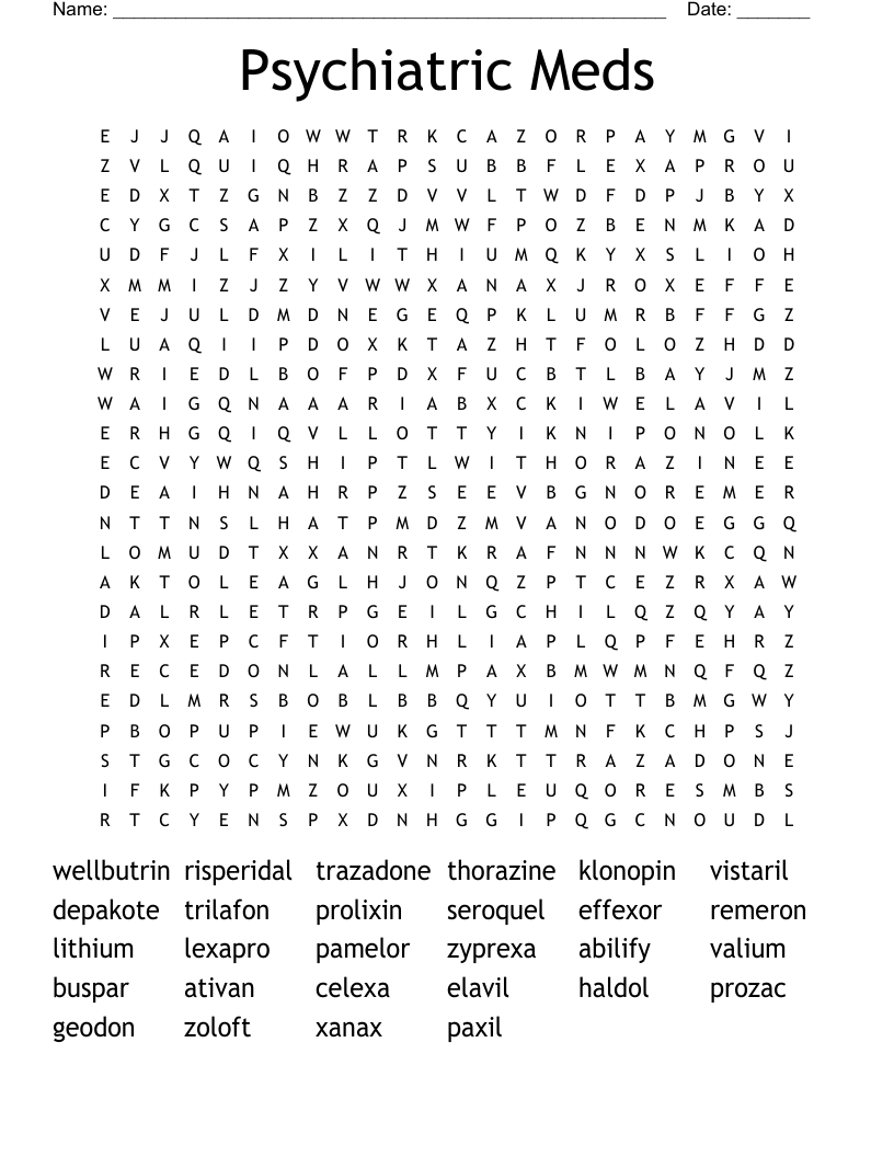 Psychiatric Meds Word Search