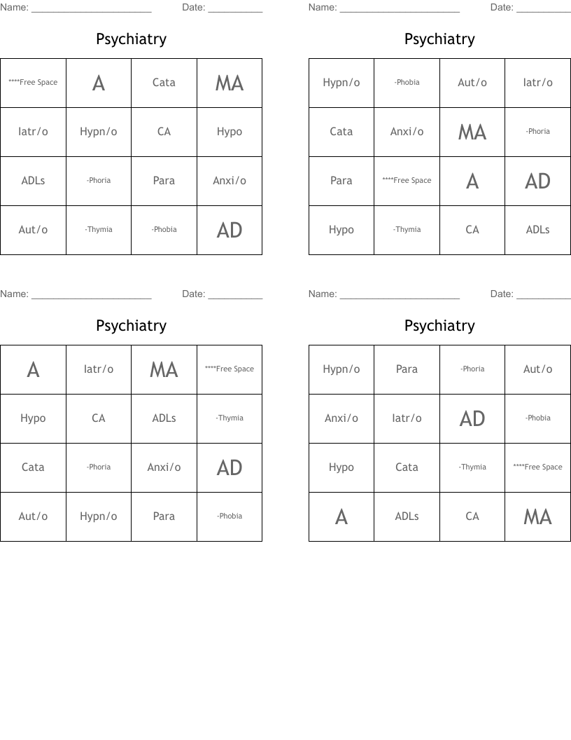 Psychiatry  Bingo Cards