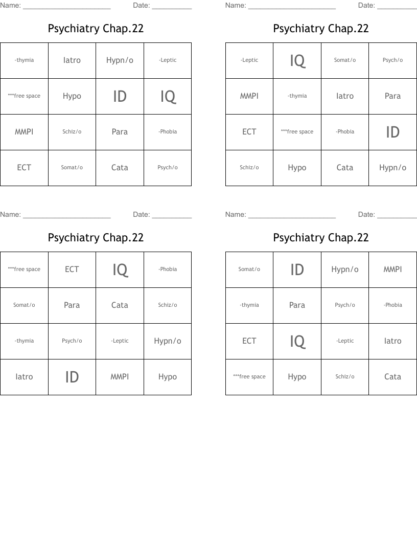 Psychiatry  Chap.22 Bingo Cards