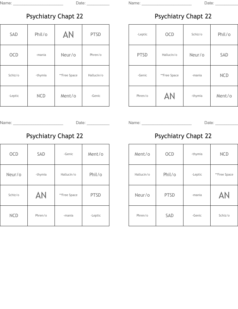Psychiatry  Chapt 22 Bingo Cards