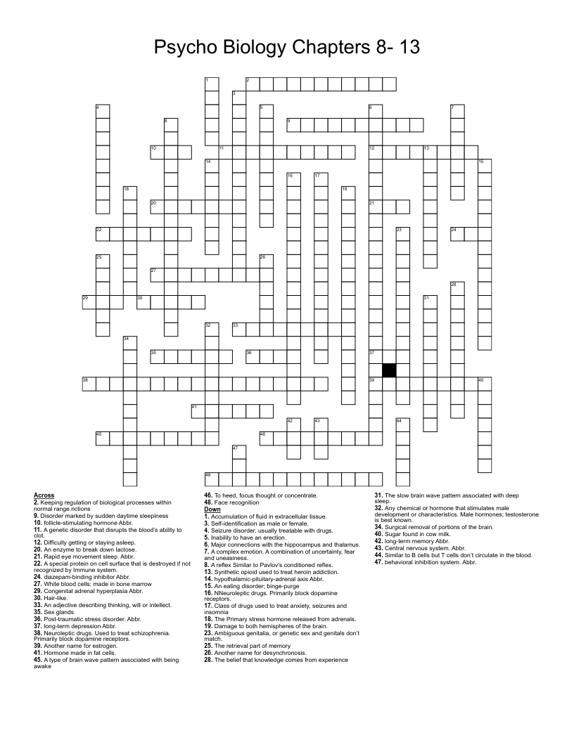 Psycho Biology                                    Chapters 8- 13 Crossword