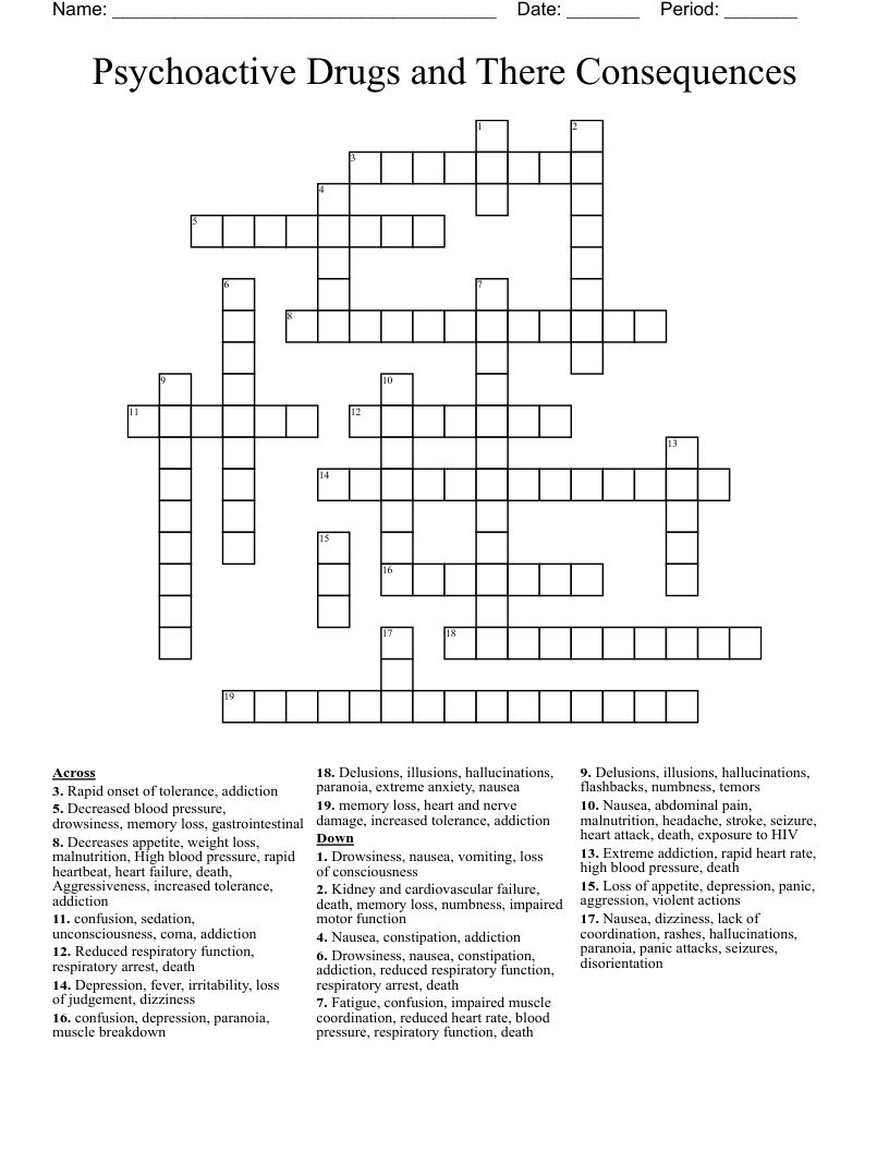 Psychoactive Drugs and There Consequences Crossword