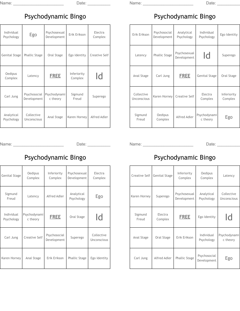 Psychodynamic Bingo