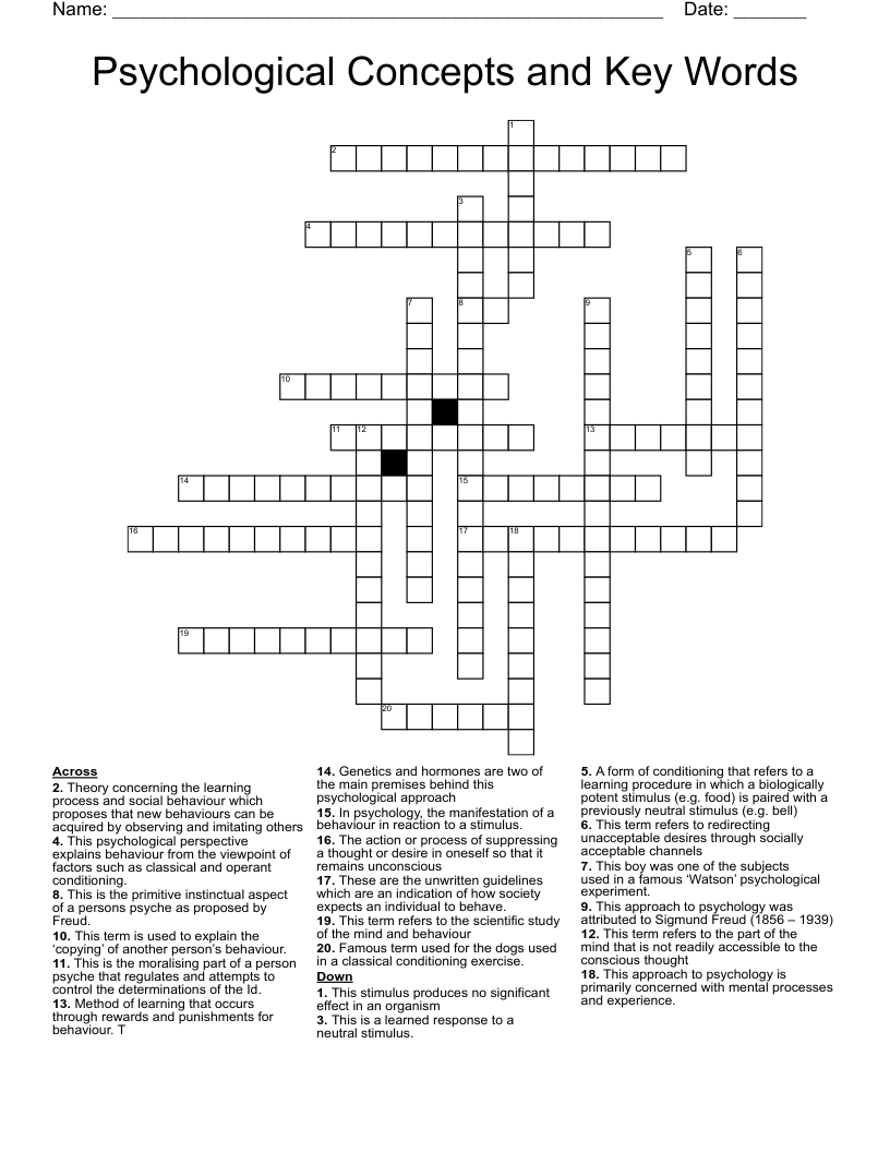 Psychological Concepts and Key Words Crossword