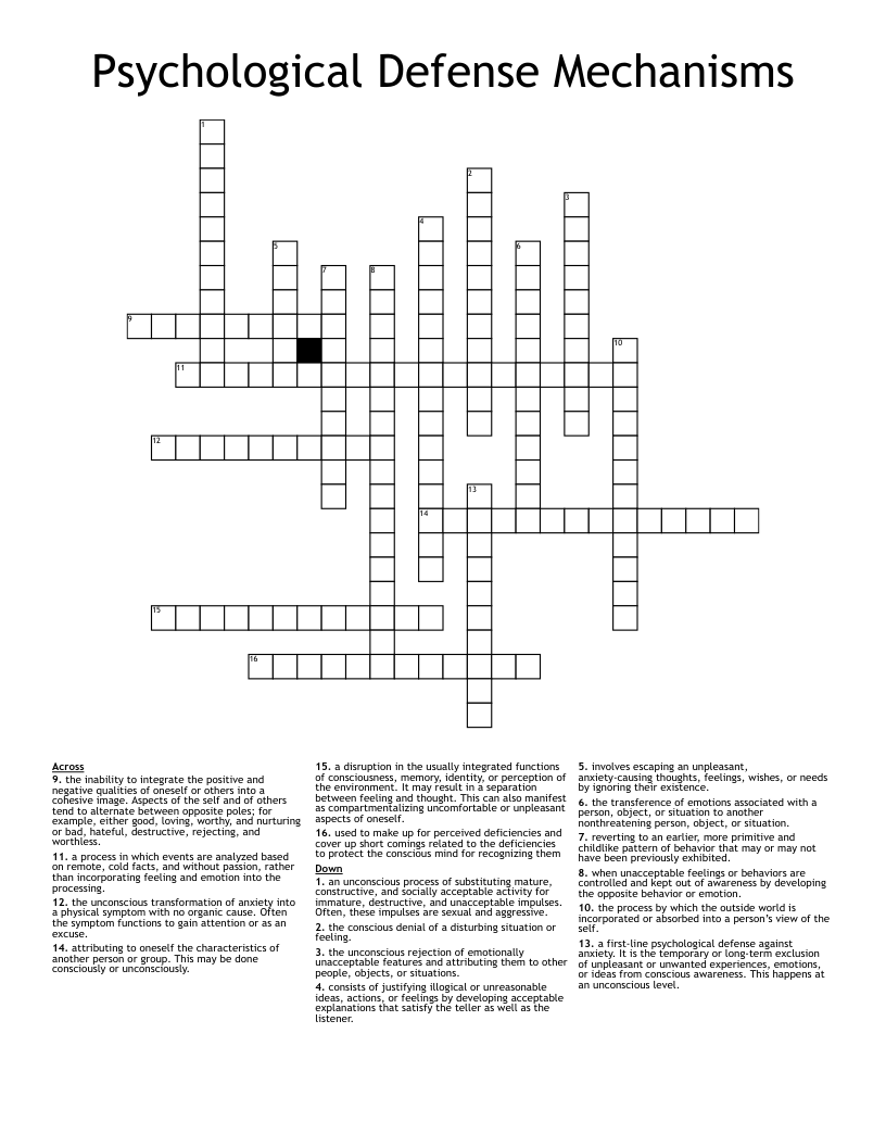 Psychological Defense Mechanisms Crossword