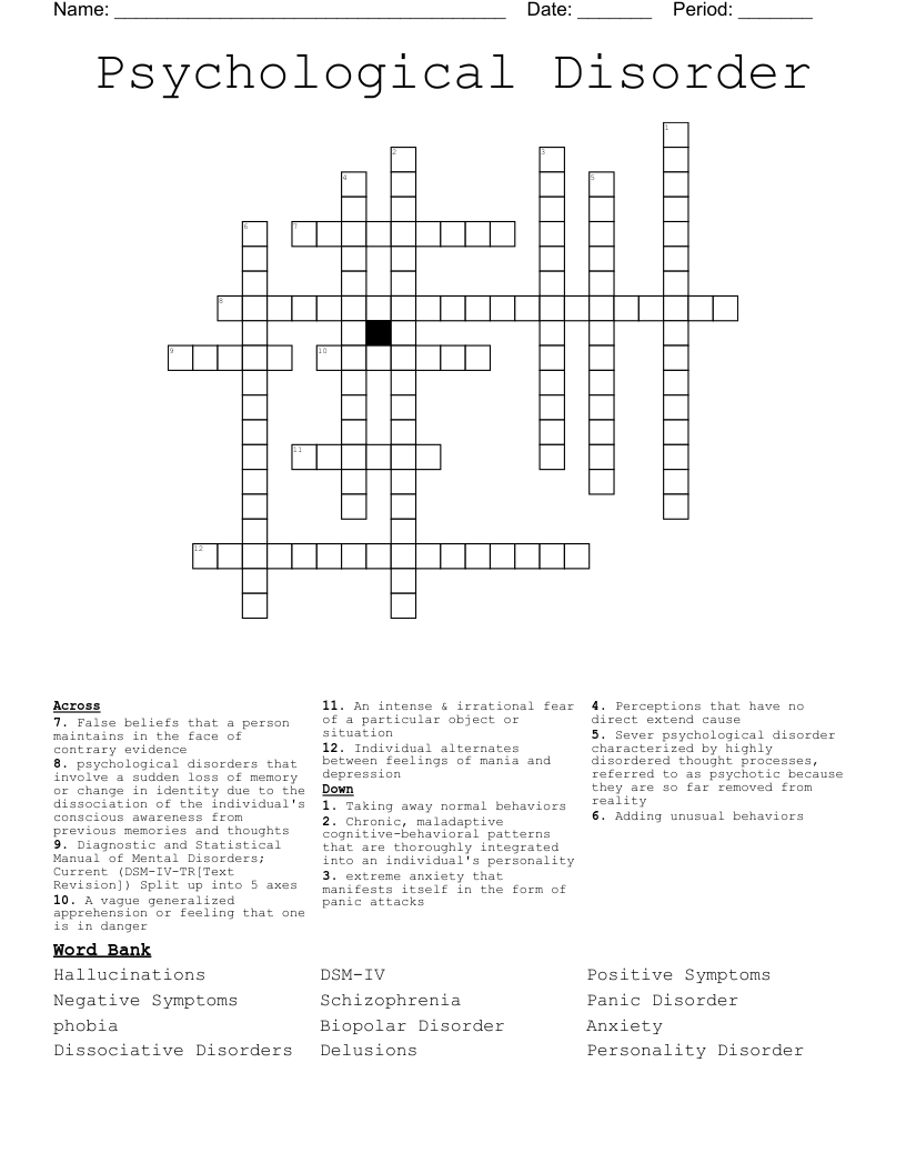 Psychological Disorder Crossword