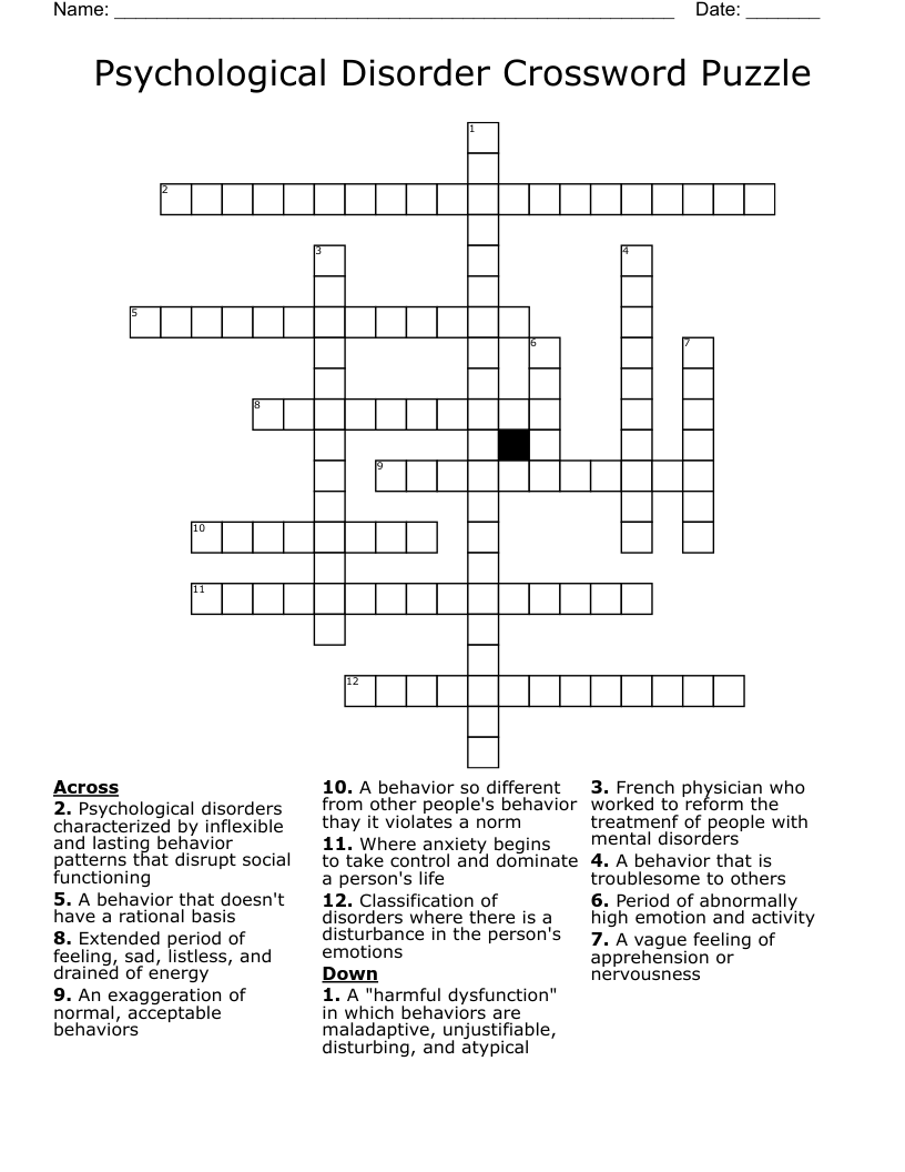 Psychological Disorder Crossword Puzzle