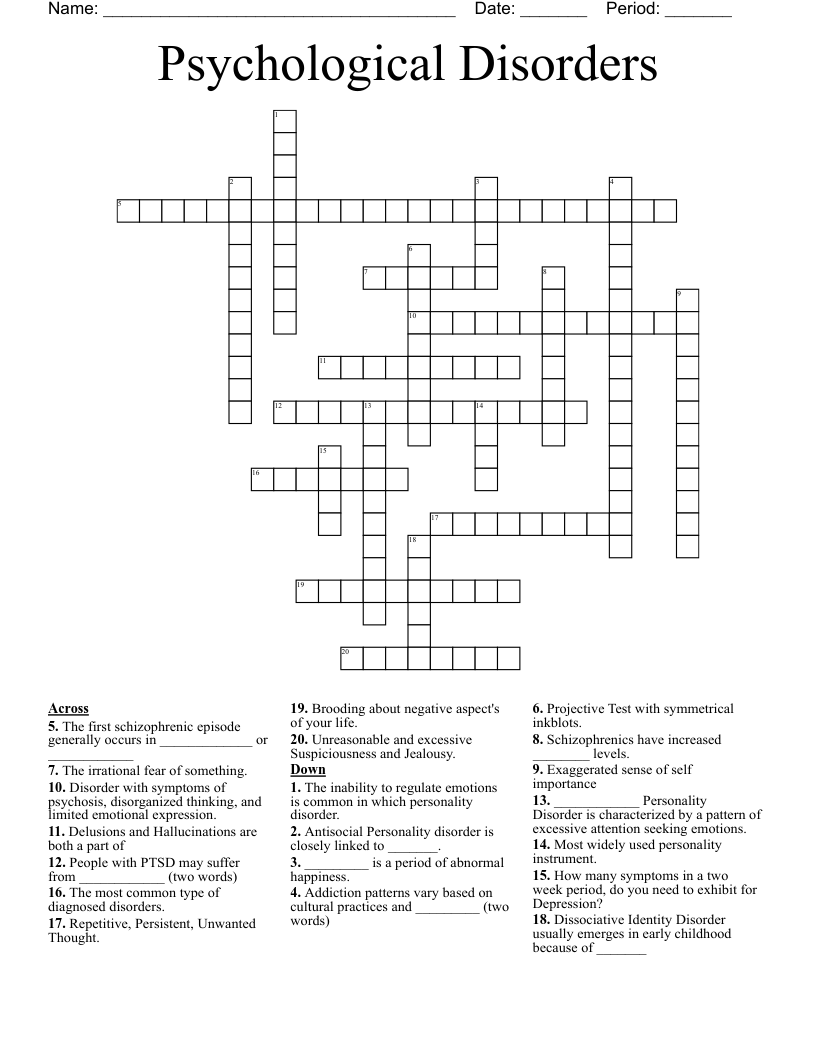 Psychological Disorders Crossword