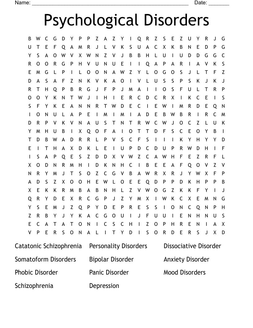 Psychological Disorders Word Search