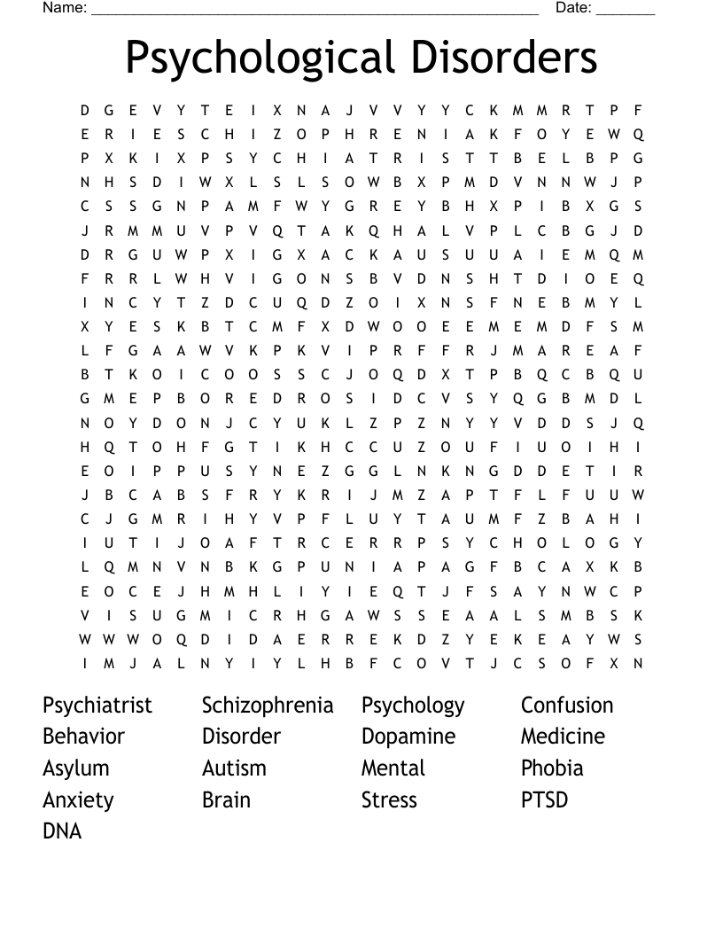 Psychological Disorders Word Search