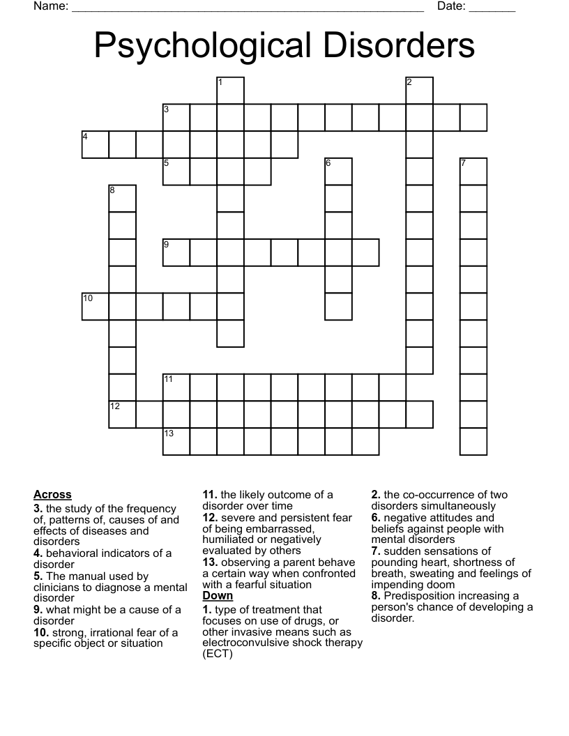 Psychological Disorders Crossword
