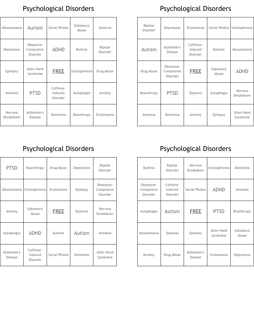 Psychological Disorders Bingo Cards