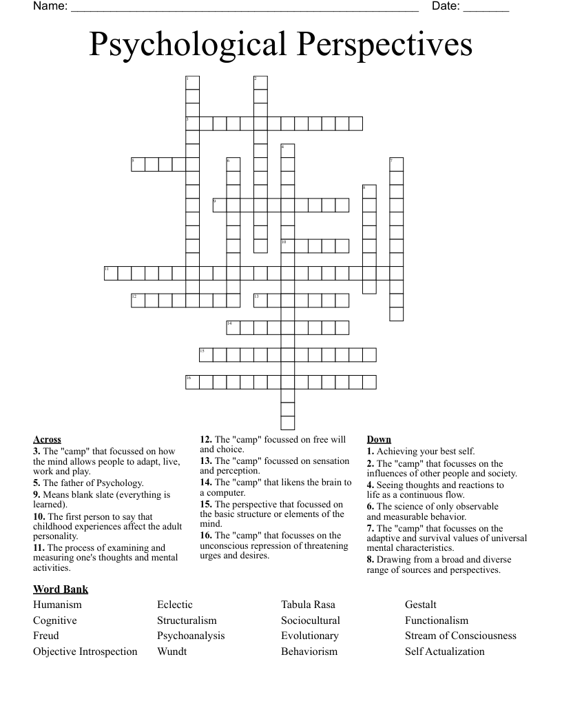 Psychological Perspectives Crossword
